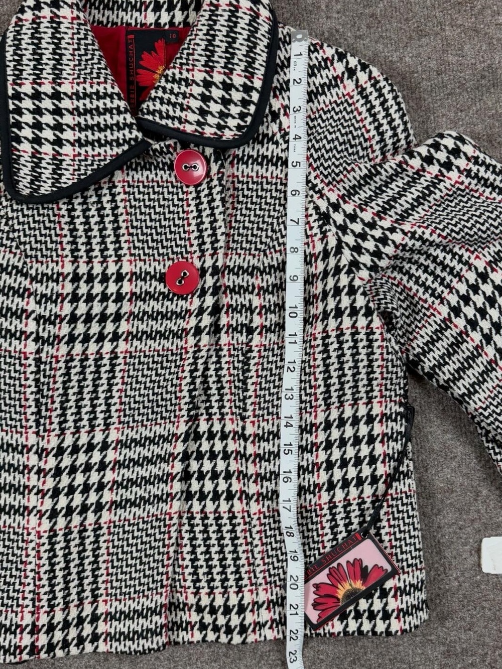 NWT Black White Red Houndstooth Wool Blend Jacket Women’s L Asymmetrical Collar - Picture 11 of 11